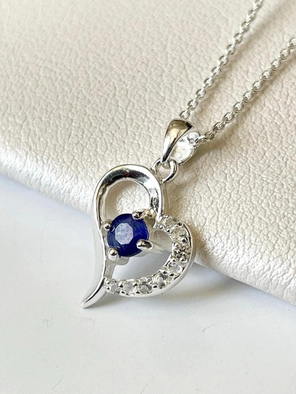 Beautiful Blue Sapphire & White Topaz Heart Necklace – 925 Sterling Silver